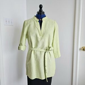 Dana Buchman Linen Blend Coastal Tunic M Light Green Summer Resort Chic Belt Top